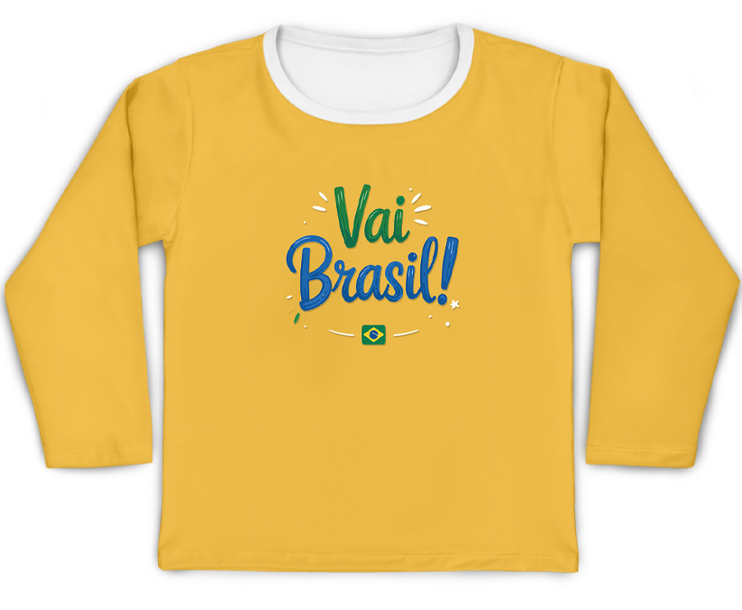 Camiseta Kids Copa do Mundo Amarelo Vai Brasil Personalizado