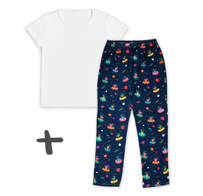 Kit Mamãe Calça Pijama Alien + Camiseta Branca