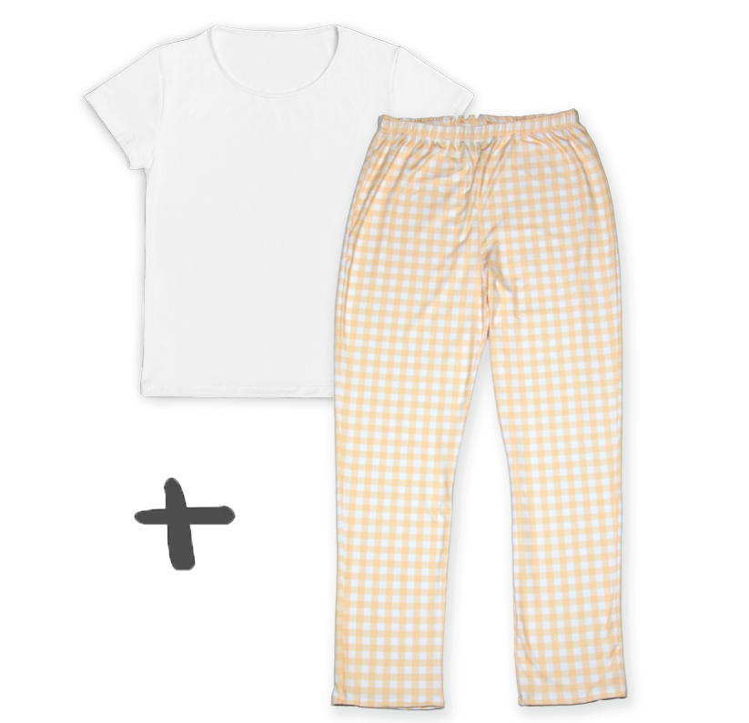 Kit Mamãe Calça Pijama Xadrez Laranja + Camiseta Branca