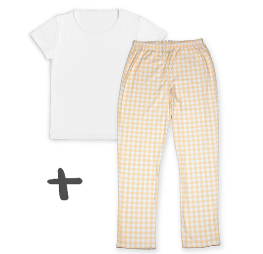 Kit Mamãe Calça Pijama Xadrez Laranja + Camiseta Branca