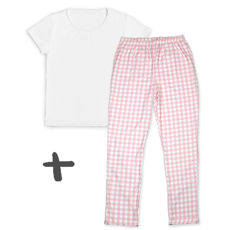 Kit Mamãe Calça Pijama Xadrez Rosa + Camiseta Branca