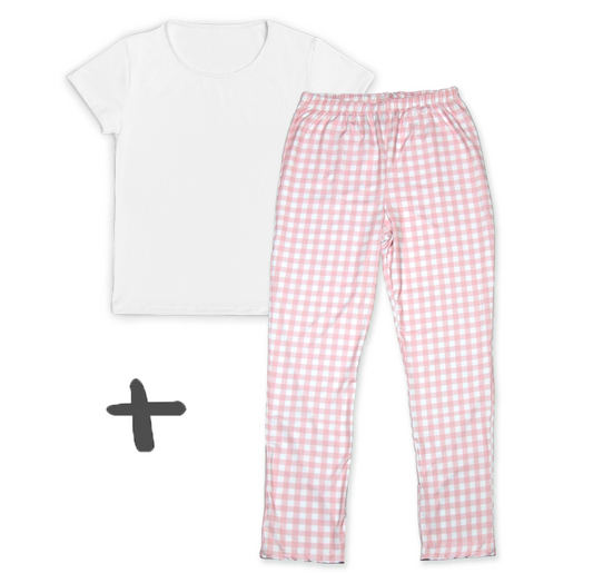 Kit Mamãe Calça Pijama Xadrez Rosa + Camiseta Branca