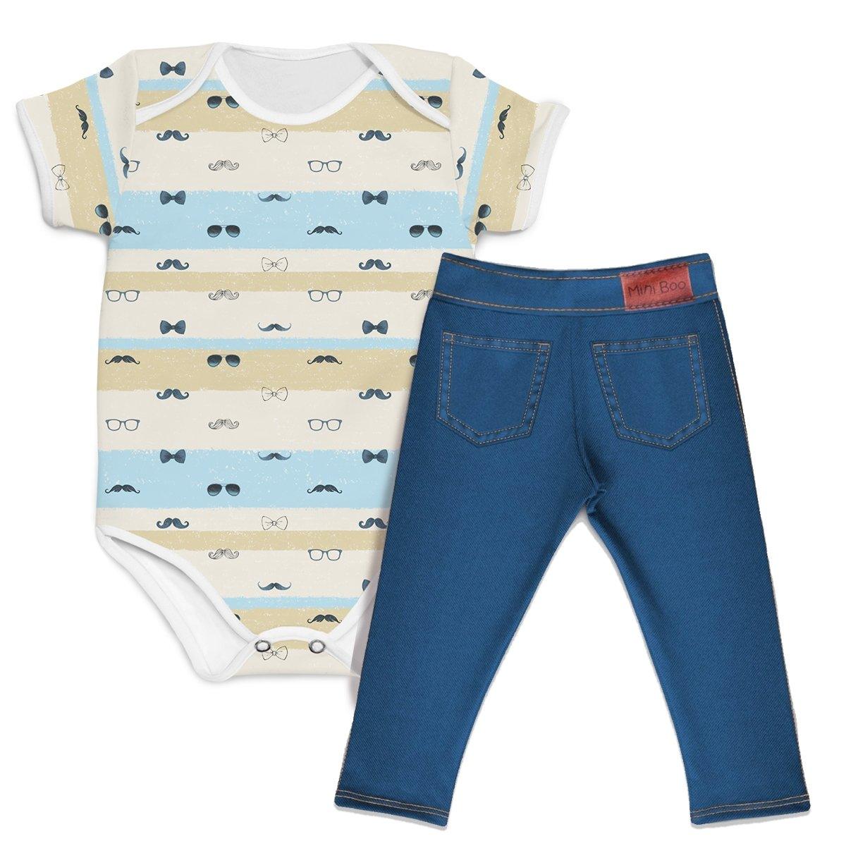 Combo Body Mustache Azul + Calça Jeans Azul Escuro - Mini Boo Store