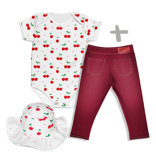 Combo Body Cerejinhas + Calça Jeans Bordô + Chapéu Cerejinhas