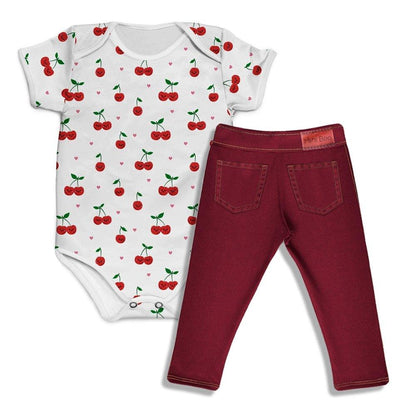 Combo Body Cerejinhas + Calça Jeans Bordô - Mini Boo Store