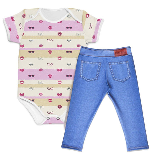 Combo Body Mustache Rosa + Calça Jeans Azul Médio - Mini Boo Store