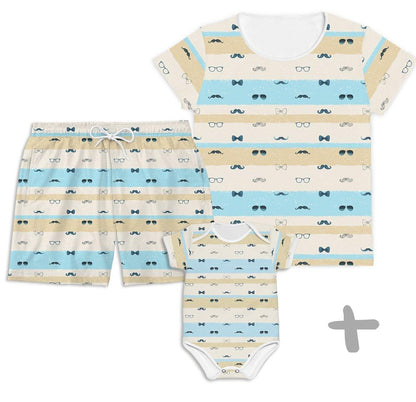 Combo Família Mustache Azul - Bebê, Mamãe e Papai - Mini Boo Store