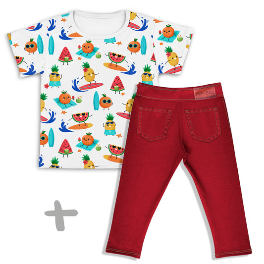 Combo Camiseta Beach Surf Kids + Jeans Vermelho