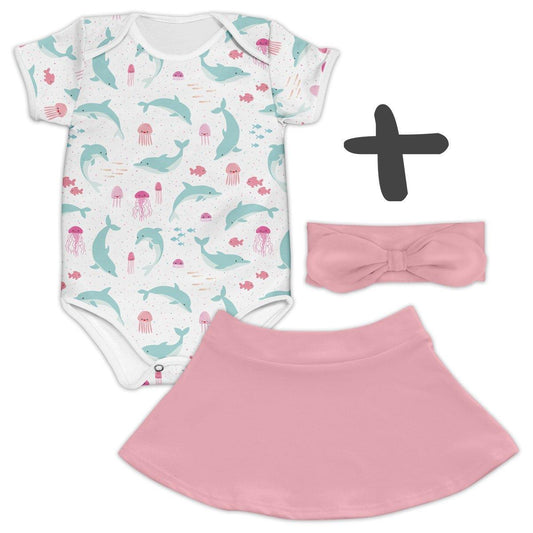 Combo Body Golfinhos + Saia Rosa + Faixa Rosa - Mini Boo Store