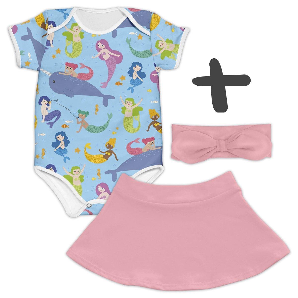 Combo Body Sereias + Saia Rosa + Faixa Rosa - Mini Boo Store